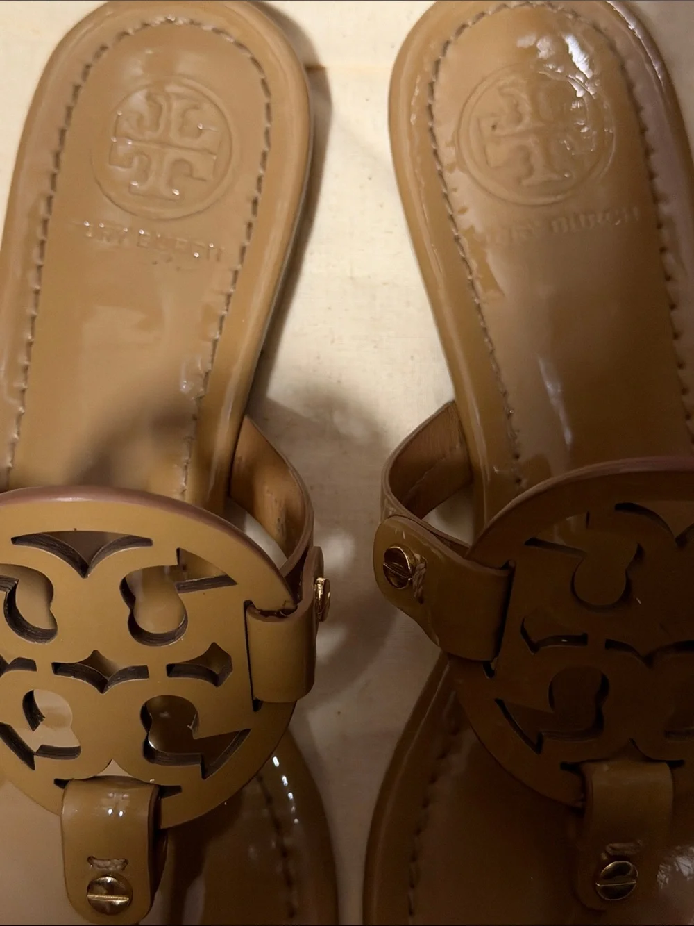Tory Burch Sand Patent Leather Miller Thong Sandals